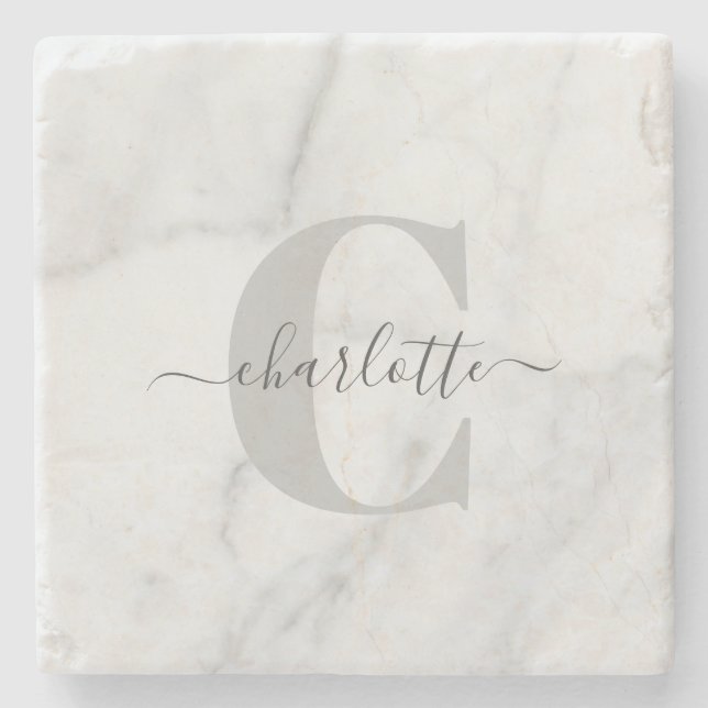 Stylish Grey Marble Personalised Monogrammed   Stone Coaster (Front)