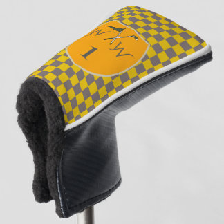Stylish Grey & Mustard Yellow Chequered Monogram Golf Head Cover