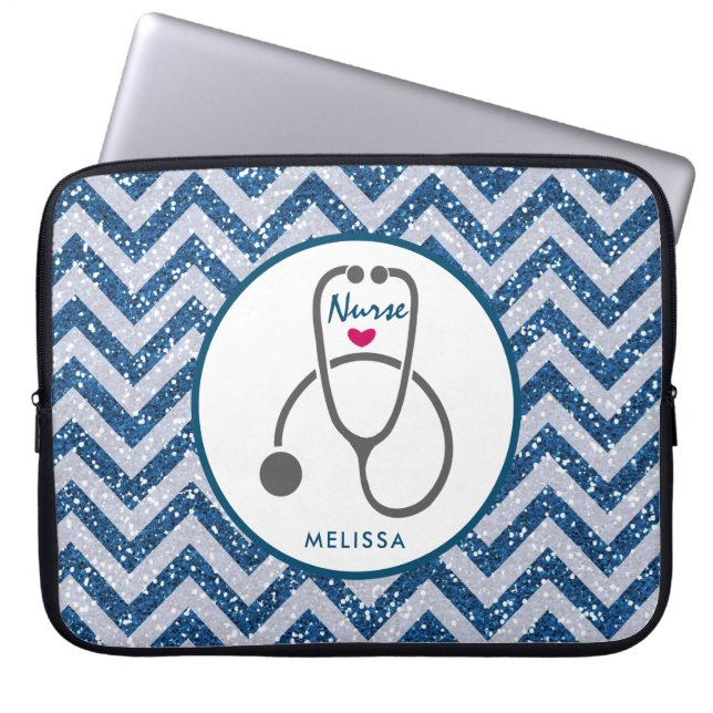Stylish Grey Nursing Stethoscope on Blue Chevron Laptop Sleeve (Front)