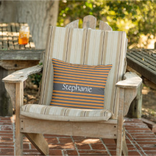 Stylish Grey Orange Stripes White Custom Name Cushion