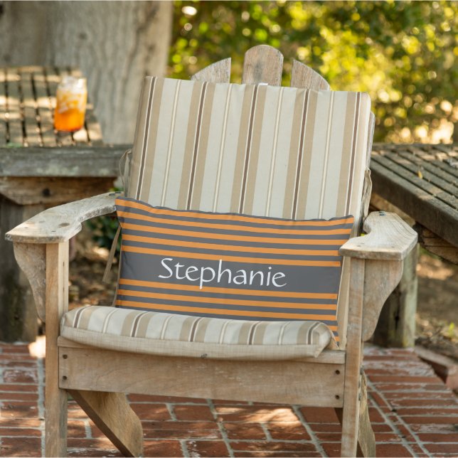 Stylish Grey Orange Stripes White Custom Name Lumbar Cushion (Chair)
