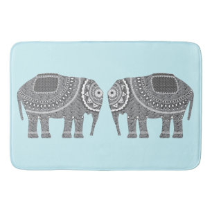 Stylish Grey Ornate Elephants Design, Modern Blue Bath Mat