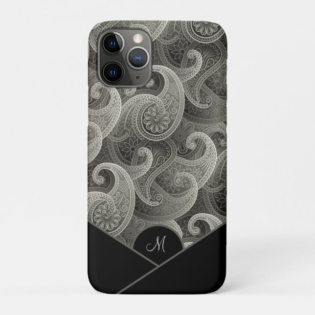 Stylish Grey Paisley Pattern with Monogram Case-Mate iPhone Case (Back)