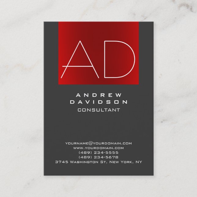 Stylish Grey Red Monogram Plain Business Card (Front)
