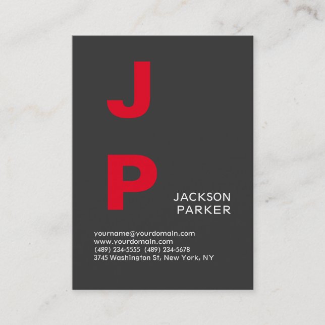 Stylish Grey Red Monogram Professional Business Card (Front)