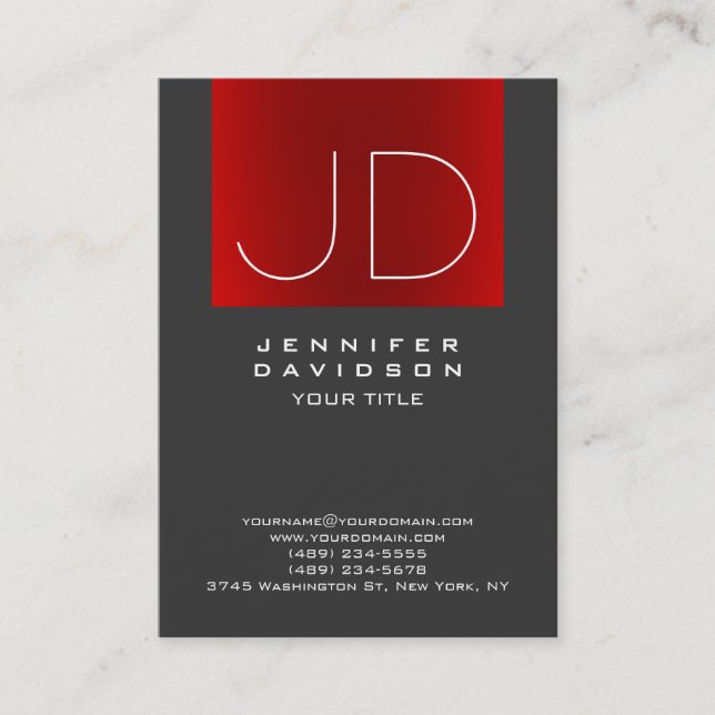 Stylish Grey Red Stripe Monogram Professional Business Card (Front)