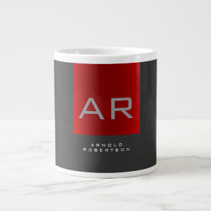 Stylish Grey Red Trendy Monogram Add Name Large Coffee Mug
