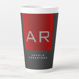 Stylish Grey Red Trendy Monogram Add Name Latte Mug