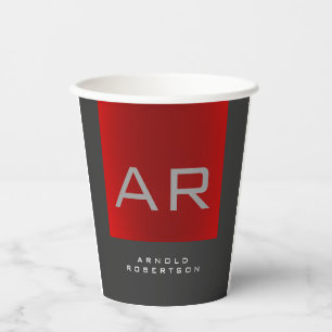 Stylish Grey Red Trendy Monogram Add Name Paper Cups