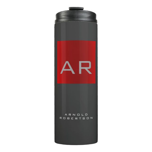 Stylish Grey Red Trendy Monogram Add Name Thermal Tumbler (Front)