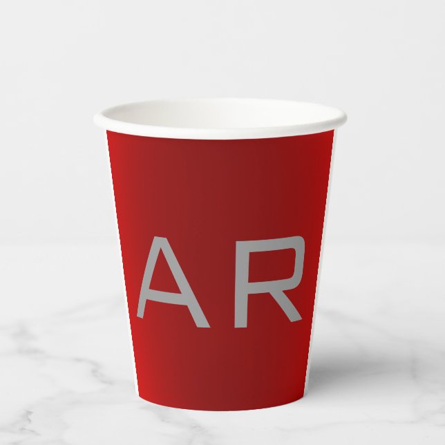 Stylish Grey Red Trendy Monogram Paper Cups (Front)