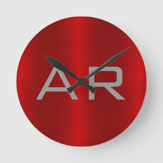 Stylish Grey Red Trendy Monogram Round Clock