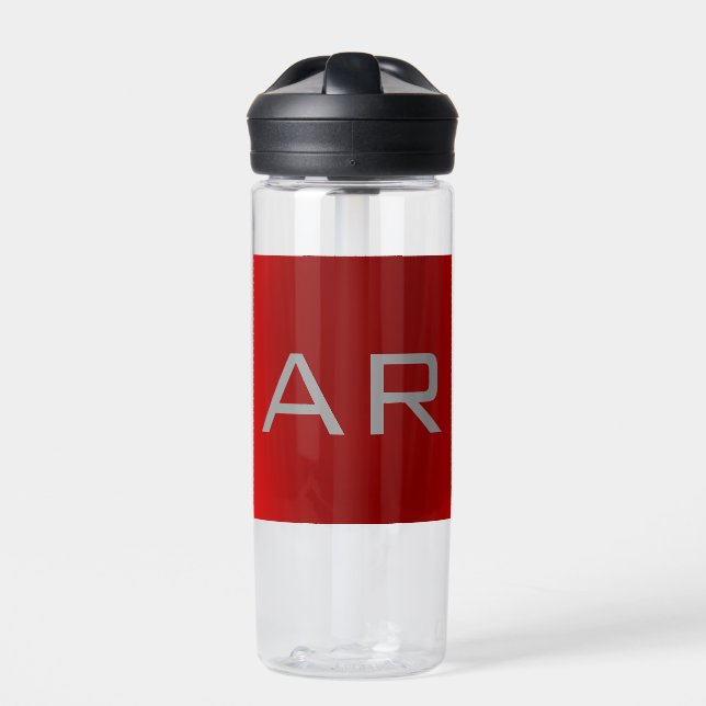 Stylish Grey Red Trendy Monogram Water Bottle (Front)