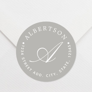 Stylish Grey Script Monogram Family Name Address Classic Round Sticker