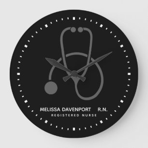 Stylish Grey Stethoscope on Black Nurse Large Clock