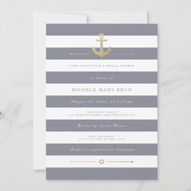 Stylish Grey Striped Nautical Bridal Shower Invite (Front)