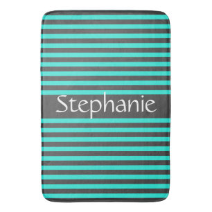 Stylish Grey Teal Stripes White Custom Name Bath Mat