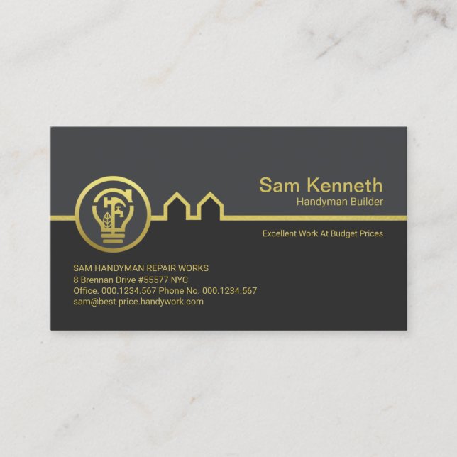 Stylish Grey Tones Gold Handyman Building Bulb Business Card (Front)