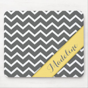 Stylish Grey White Chevron Yellow Ribbon Mouse Mat