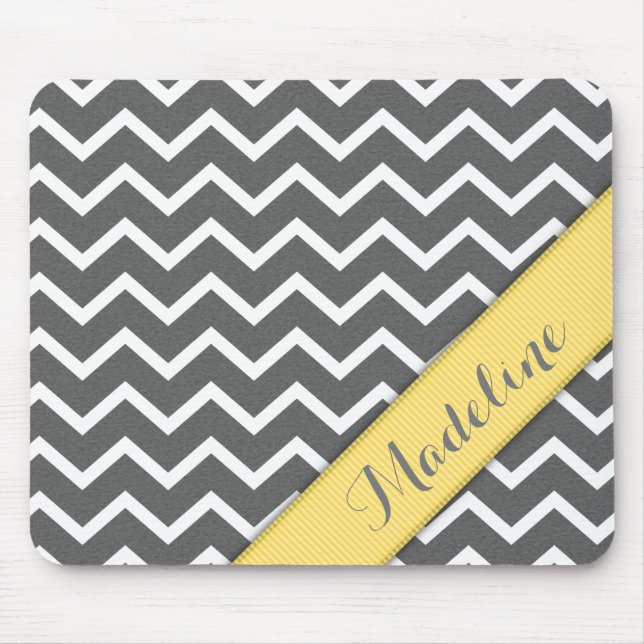 Stylish Grey White Chevron Yellow Ribbon Mouse Mat (Front)