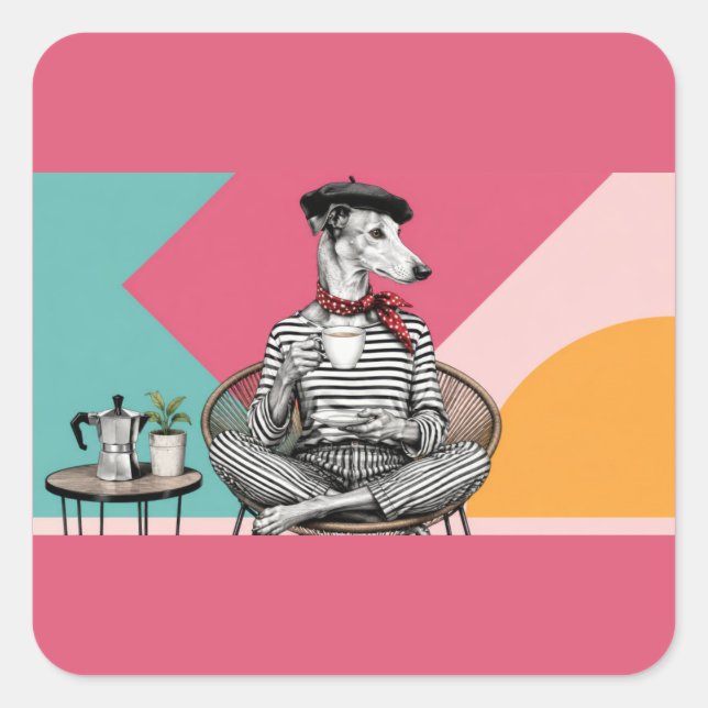 Stylish Greyhound Coffee Pop Art Portrait Square Sticker (Front)