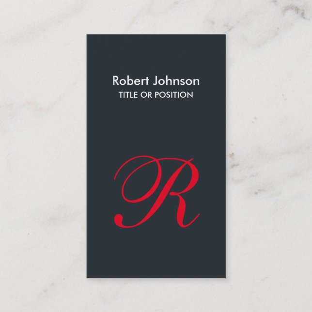 Stylish Greyish Blue Red Monogram Business Card (Front)