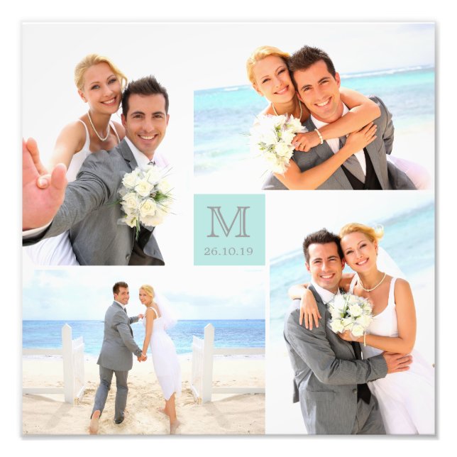 Stylish Grid Blue Square Monogram 4 Photo Wedding (Front)