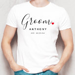 Stylish Groom Wedding T-Shirt<br><div class="desc">The perfect gift for any groom,  the fun and modern design features a stylish typography script "Groom" with cute little red love heart full stops. The design is easy to personalise with your name and established wedding date and will be the perfect keepsake from your special day.</div>