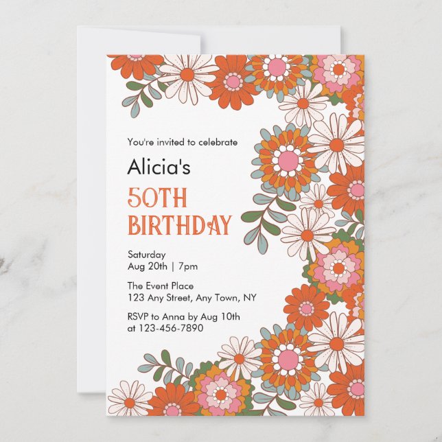 Stylish Groovy Hippie Flower & Leaf Birthday Invitation (Front)