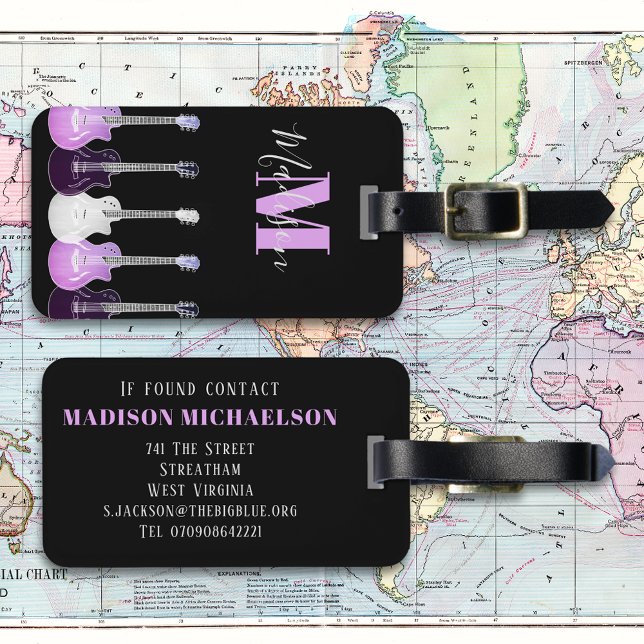 Stylish Guitar Pink and Black Monogram Luggage Tag (Stylish guitar pink and black monogram custom luggage tag for guitarists musicians and music lovers)