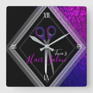 Stylish Hair Salon Modern Purple & Black Modern Square Wall Clock