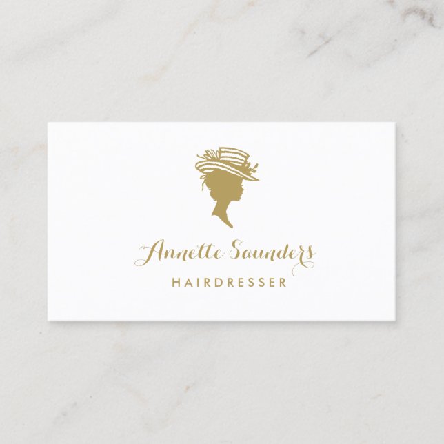 Stylish Hairdresser Faux Gold Woman in Hat Business Card (Front)
