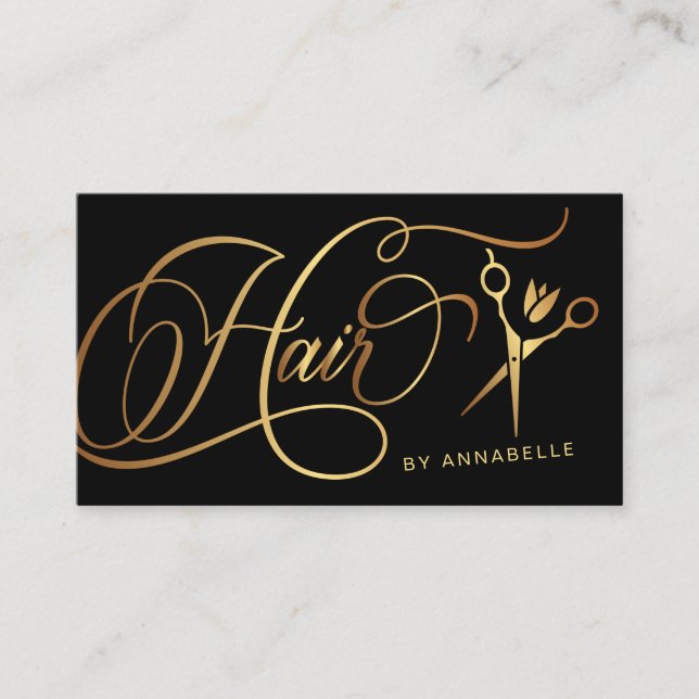 Stylish Hairstylist Gold & Black  Business Card (Front)