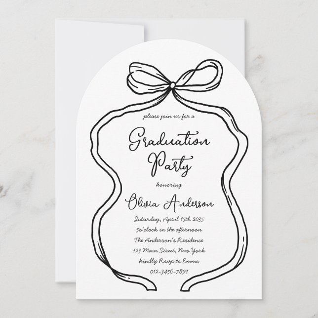 Stylish Hand Drawn Bow & Script Graduation Party Invitation (Front)
