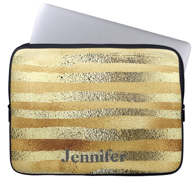 Stylish hand drawn gold striped personalised laptop sleeve (Front)