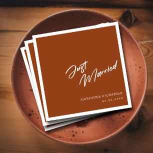 Stylish Hand Lettered Just Married Terracotta Napkin
