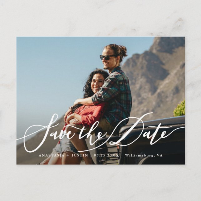 Stylish Hand Lettered Script Photo Save The Date Announcement Postcard (Front)