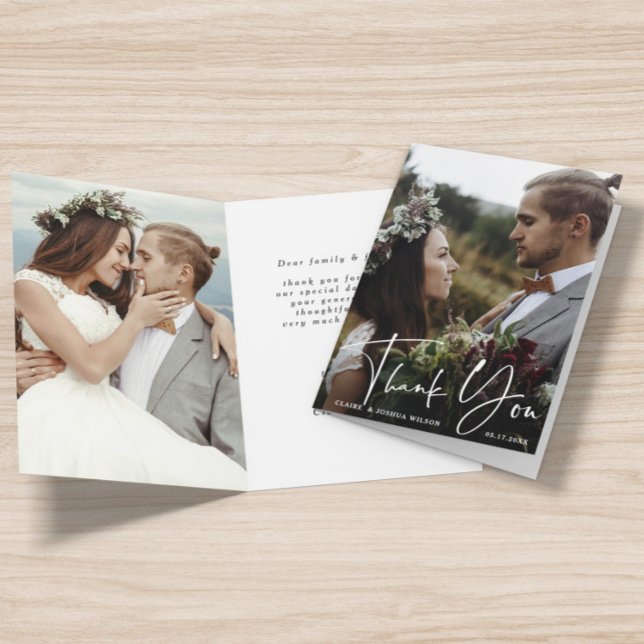 Stylish Hand Lettered Wedding 2 Photo Thank You Card (Front & Back)