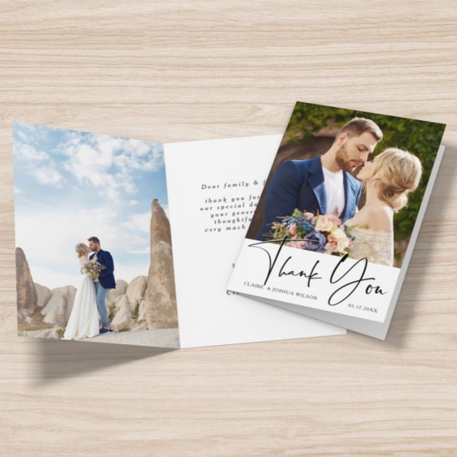Stylish Hand Lettered Wedding 2 Photo Thank You  Card (Front & Inside)