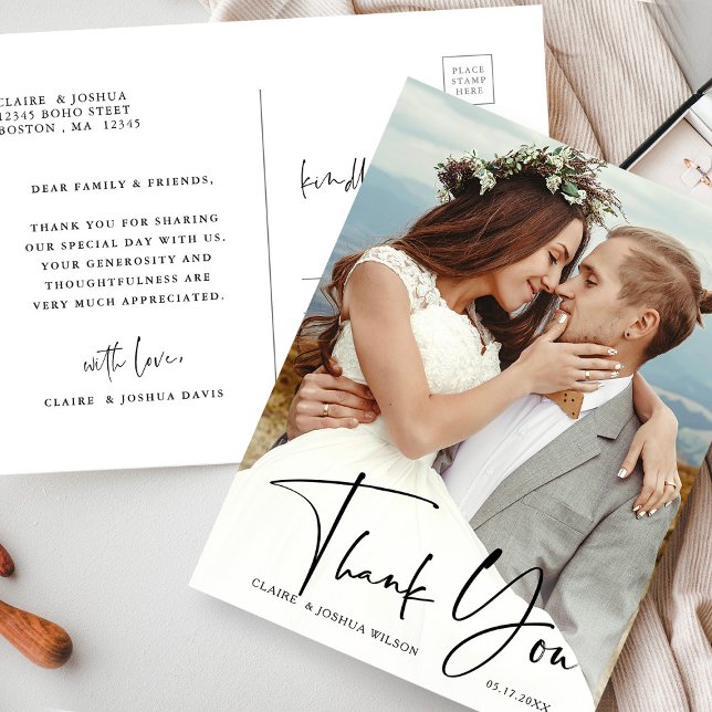 Stylish Hand Lettered Wedding Photo Thank You Postcard (Front & Back)