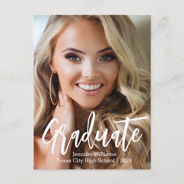 stylish handwriting photo graduation 2025 announcement postcard (Front)