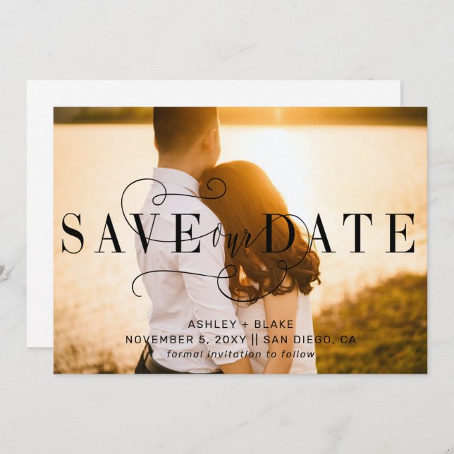 Stylish Handwritten Calligraphy Photo Save The Date (Front/Back)