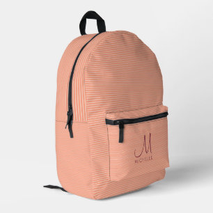 Stylish Handwritten Monogram Name Peach Striped Printed Backpack