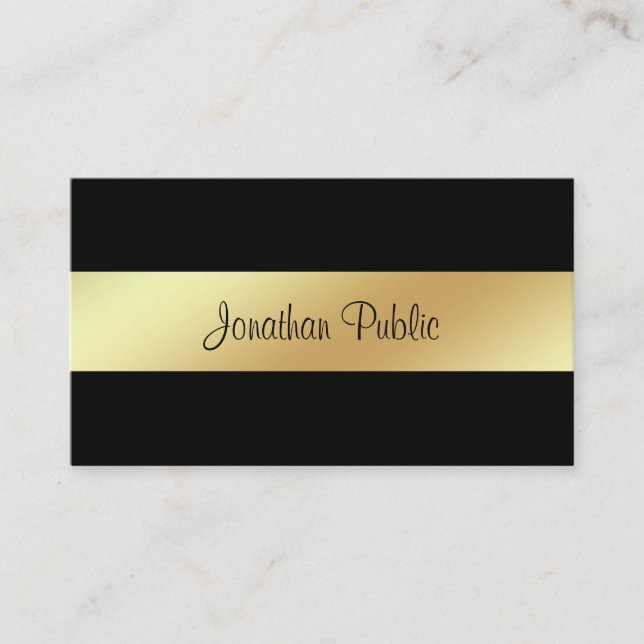 Stylish Handwritten Script Glamour Black Gold Luxe Business Card (Front)