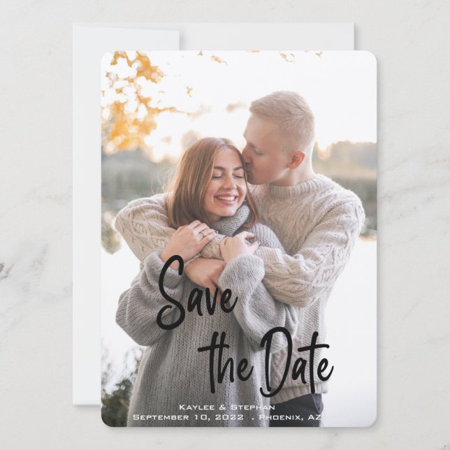 Stylish Handwritten Script Personalised Photo Save The Date (Front)