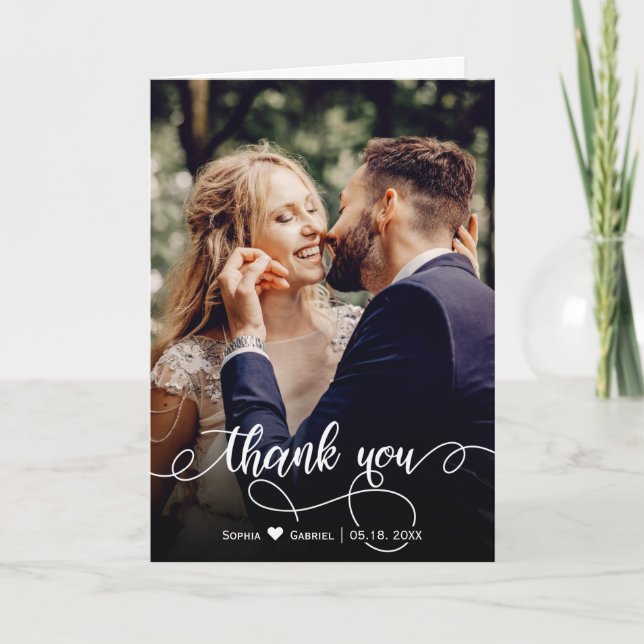 Stylish Handwritten Script Wedding Photo Thank You Card (Front)