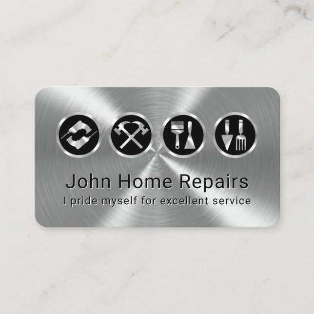 Stylish Handyman Tools On Silver Layer Business Card (Front)