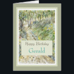 Stylish Happy Birthday Personalise Name Card<br><div class="desc">A lovely painting of trees and a forest trail with a warm birthday message for happy trails for the next year. Personalise with Person's name or Title of Son,  Dad,  Uncle,  Husband.</div>