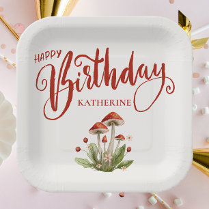 Stylish Happy Birthday Retro Mushroom  Paper Plate