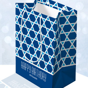 Stylish Happy Birthday Star Pattern Blue Custom Medium Gift Bag